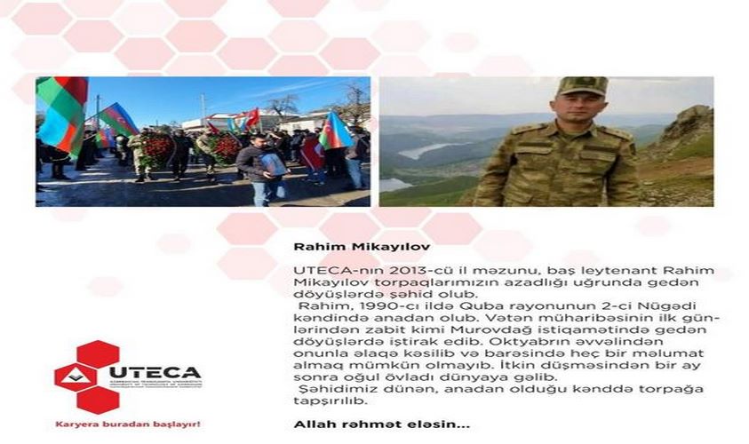 UTECA məzunu şəhidlik zirvəsinə ucalıb